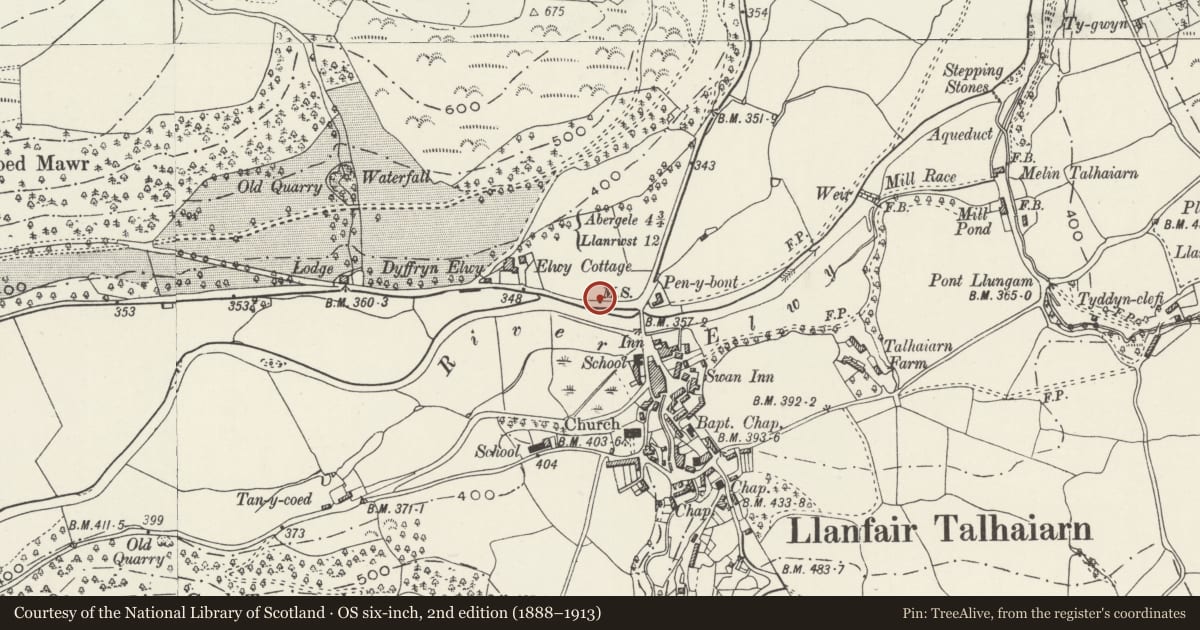 Ordnance Survey six-inch map, 2nd edition (1888–1913) covering the location of Milestone, Llanfair Talhaiarn, Conwy, with a pin at the register's coordinates