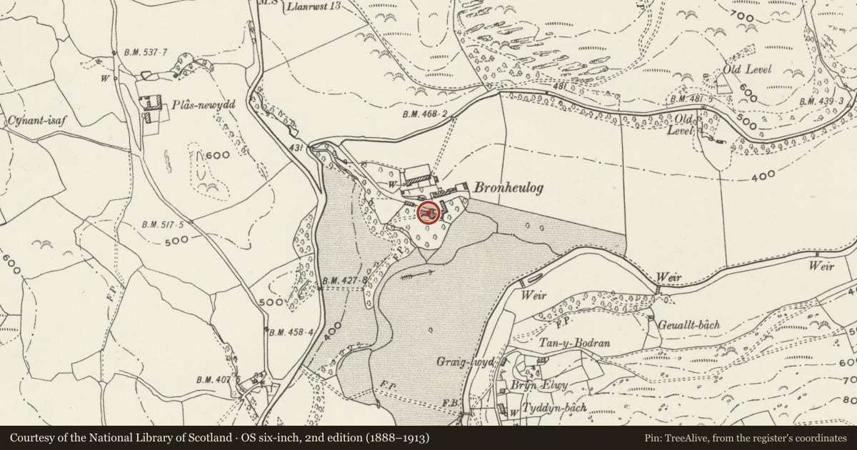 Ordnance Survey six-inch map, 2nd edition (1888–1913) covering the location of Bronheulog, Llanfair Talhaiarn, Conwy, with a pin at the register's coordinates