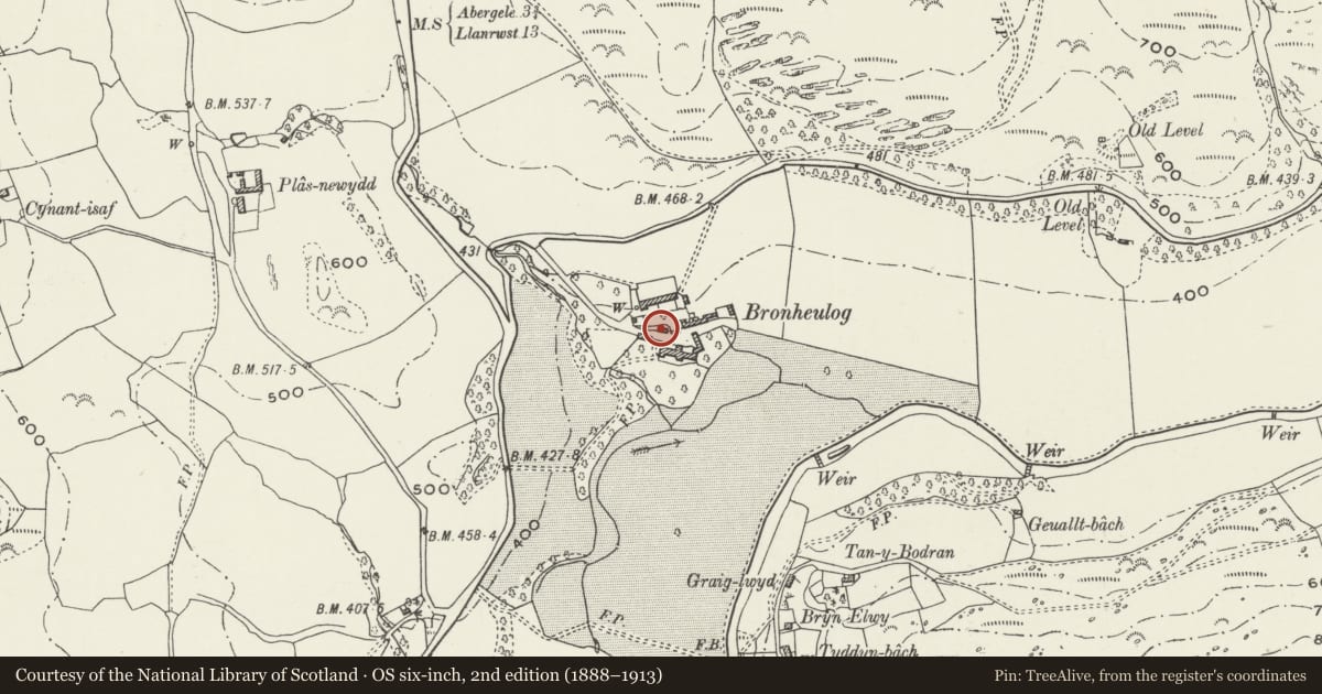 Ordnance Survey six-inch map, 2nd edition (1888–1913) covering the location of Pigeon-house and Stable Block at Bronheulog, Llanfair Talhaiarn, Conwy, with a pin at the register's coordinates