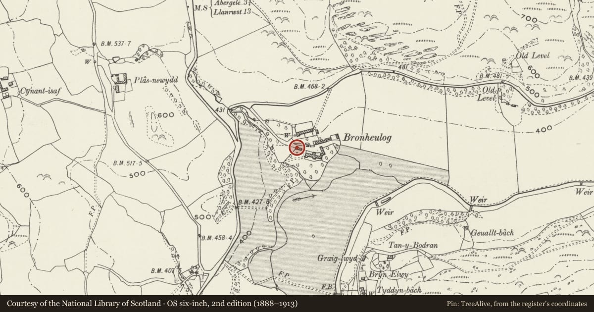 Ordnance Survey six-inch map, 2nd edition (1888–1913) covering the location of Carthouse at Bronheulog, Llanfair Talhaiarn, Conwy, with a pin at the register's coordinates