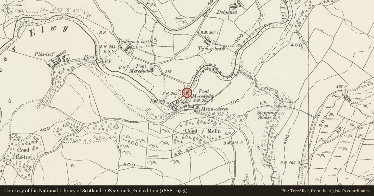 Ordnance Survey six-inch map, 2nd edition (1888–1913) covering the location of Pont Meredydd (partly in Llannefydd community), Llanfair Talhaiarn, Conwy, with a pin at the register's coordinates