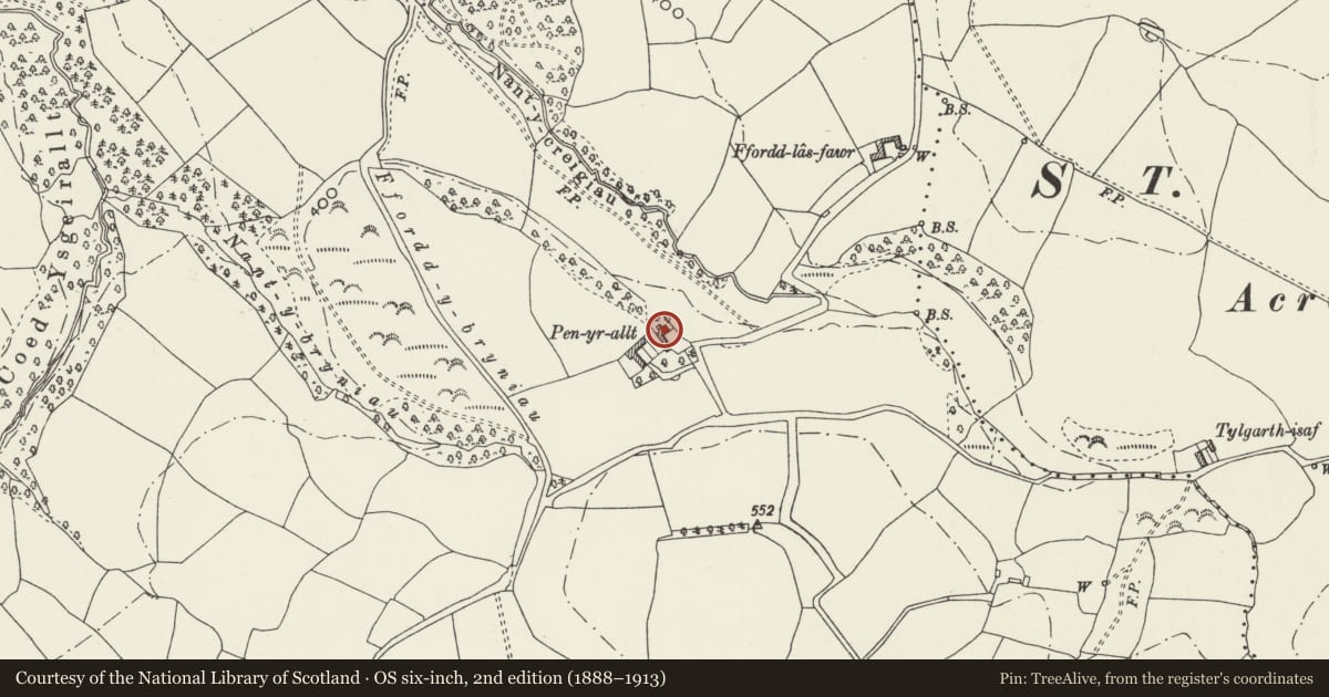 Ordnance Survey six-inch map, 2nd edition (1888–1913) covering the location of Pen-yr-Allt, Llanfair Talhaiarn, Conwy, with a pin at the register's coordinates