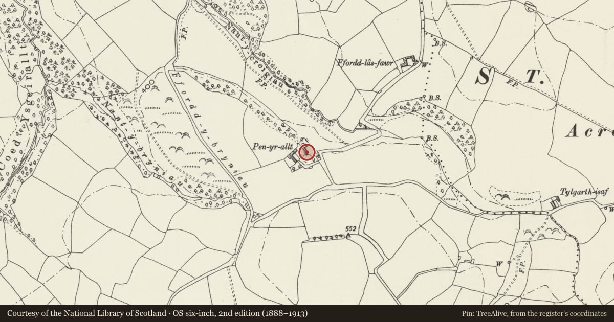 Ordnance Survey six-inch map, 2nd edition (1888–1913) covering the location of Former Brewhouse at Pen-yr-Allt, Llanfair Talhaiarn, Conwy, with a pin at the register's coordinates