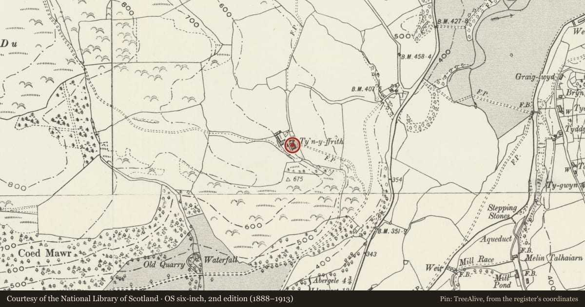 Ordnance Survey six-inch map, 2nd edition (1888–1913) covering the location of Ty'n-y-Ffrith, Llanfair Talhaiarn, Conwy, with a pin at the register's coordinates