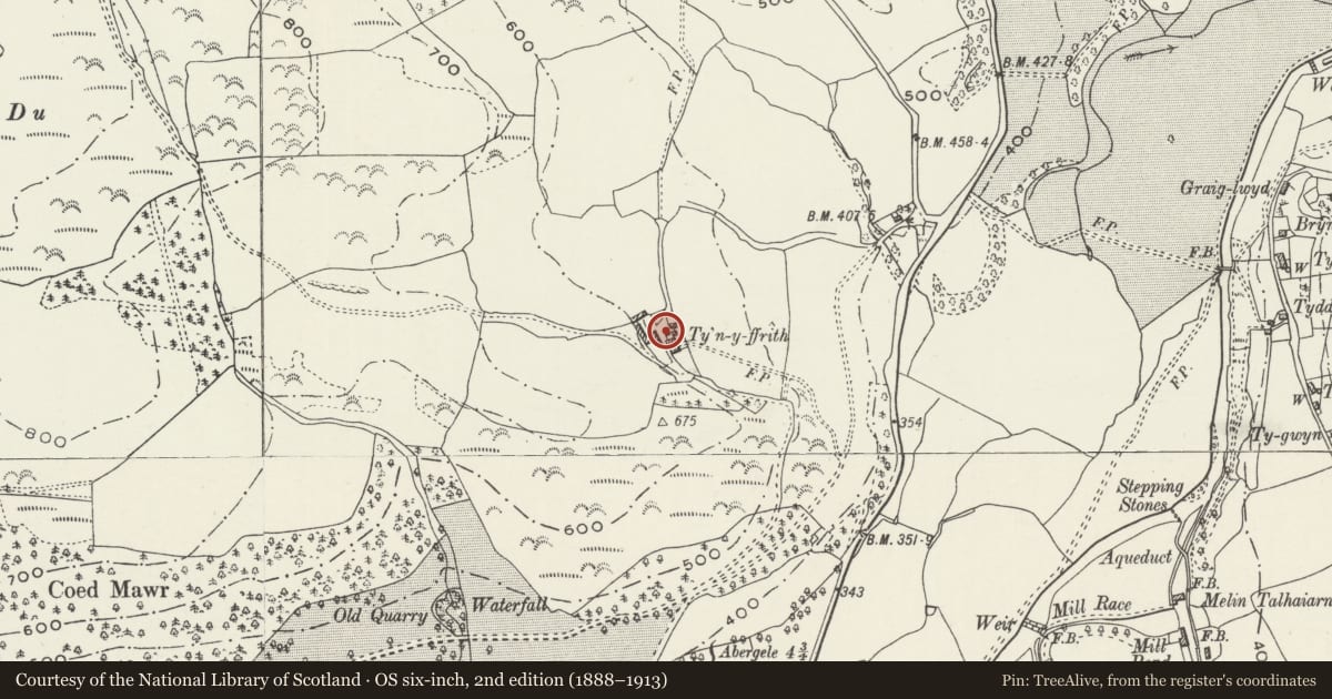 Ordnance Survey six-inch map, 2nd edition (1888–1913) covering the location of Former Brewhouse at Ty'n-y-Ffrith, Llanfair Talhaiarn, Conwy, with a pin at the register's coordinates