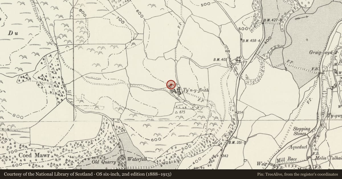 Ordnance Survey six-inch map, 2nd edition (1888–1913) covering the location of Agricultural Range at Ty'n-y-Ffrith, Llanfair Talhaiarn, Conwy, with a pin at the register's coordinates