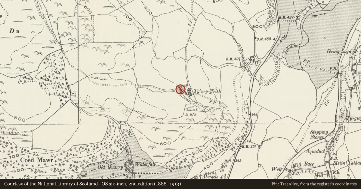 Ordnance Survey six-inch map, 2nd edition (1888–1913) covering the location of Byre at Ty'n-y-Ffrith, Llanfair Talhaiarn, Conwy, with a pin at the register's coordinates