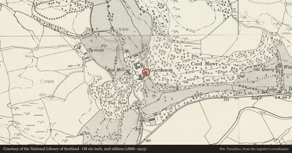 Ordnance Survey six-inch map, 2nd edition (1888–1913) covering the location of Terrace Walls, Steps and Gazebo at Garthewin, Llanfair Talhaiarn, Conwy, with a pin at the register's coordinates
