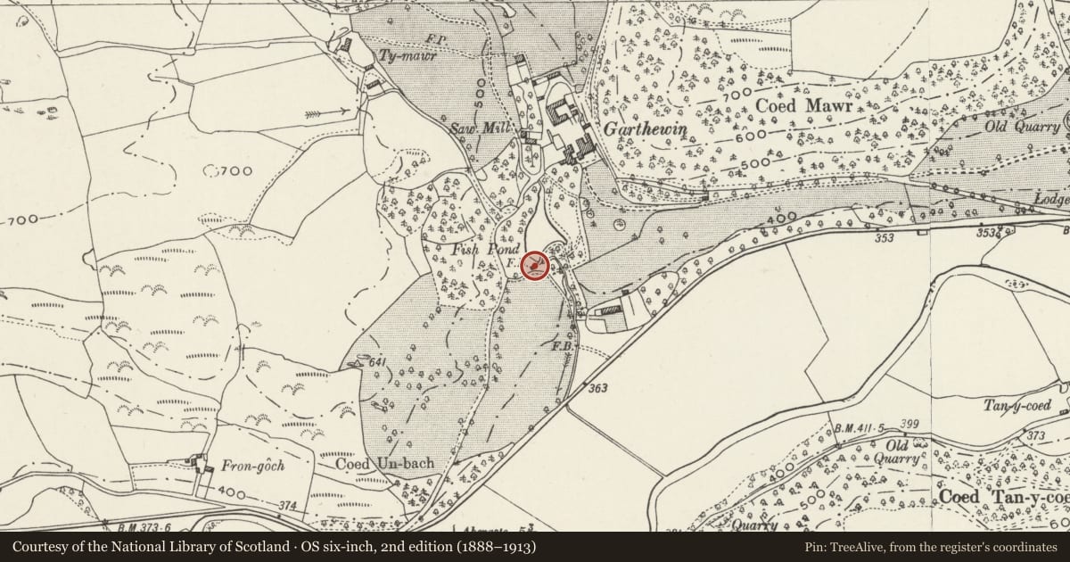 Ordnance Survey six-inch map, 2nd edition (1888–1913) covering the location of Dovecote at Garthewin, Llanfair Talhaiarn, Conwy, with a pin at the register's coordinates