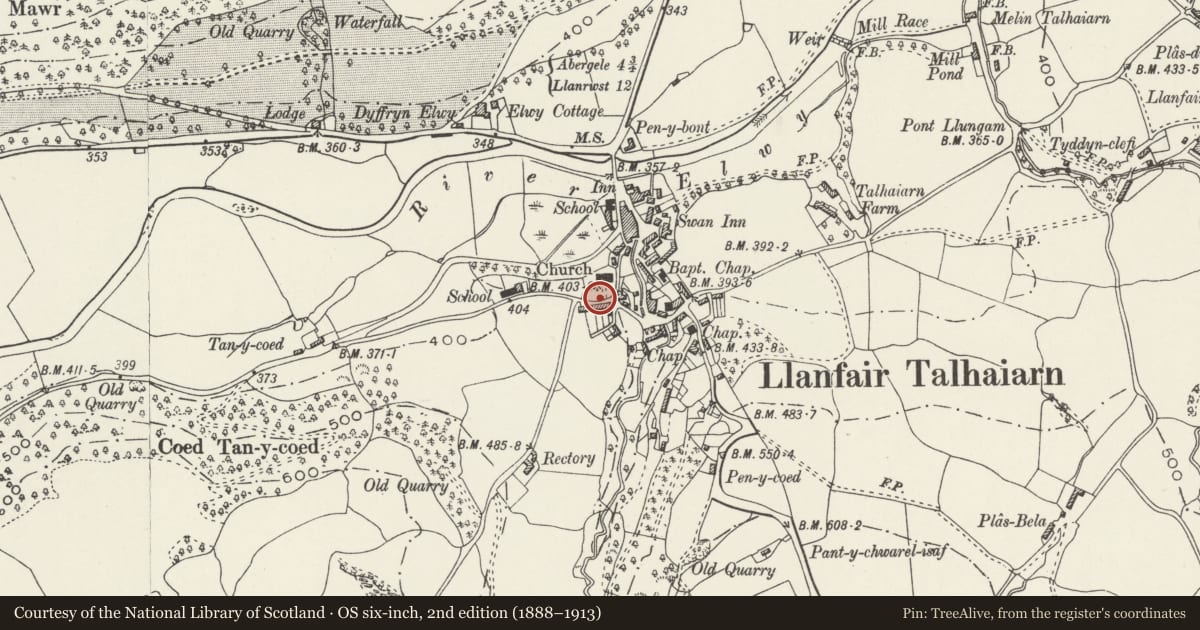 Ordnance Survey six-inch map, 2nd edition (1888–1913) covering the location of Churchyard Walls and Bierhouse at St Mary's Church including Sandstone Gatepiers and Gates, Llanfair Talhaiarn, Conwy, with a pin at the register's coordinates