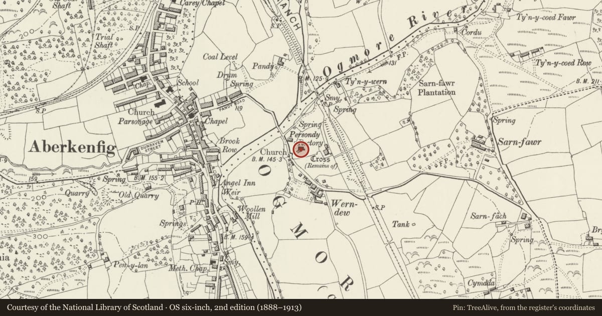 Ordnance Survey six-inch map, 2nd edition (1888–1913) covering the location of Monument to Morgan Morgan in Llansantffraid churchyard, St. Bride's Minor, Bridgend, with a pin at the register's coordinates