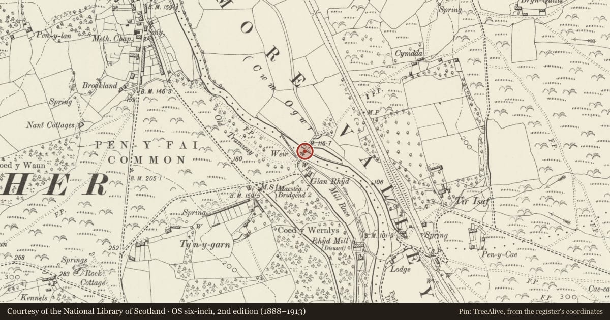 Ordnance Survey six-inch map, 2nd edition (1888–1913) covering the location of Glan Rhyd Railway Viaduct (partly in Newcastle Higher community), St. Bride's Minor, Bridgend, with a pin at the register's coordinates