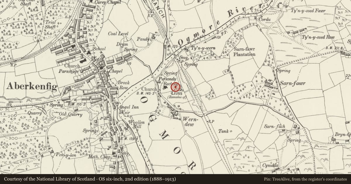 Ordnance Survey six-inch map, 2nd edition (1888–1913) covering the location of Bowen/Roberts Monuments in Llansantfrraid churchyard, St. Bride's Minor, Bridgend, with a pin at the register's coordinates