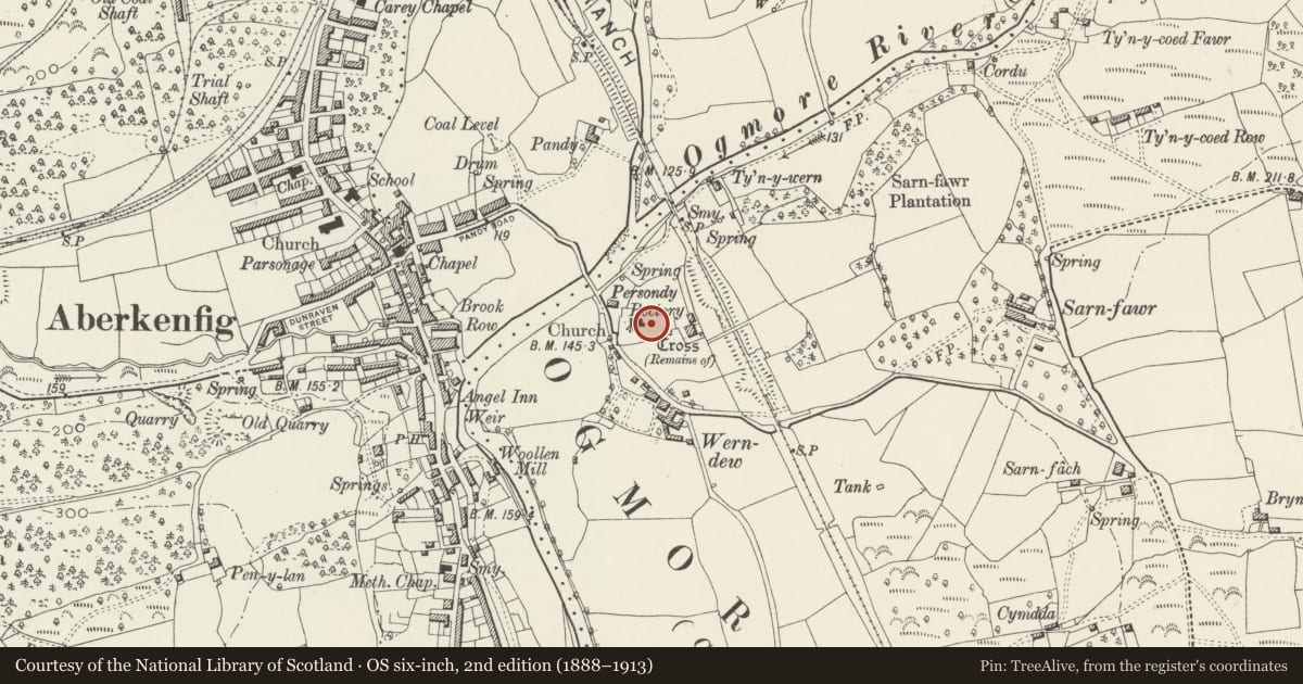 Ordnance Survey six-inch map, 2nd edition (1888–1913) covering the location of Churchyard cross socket in Llansantffraid churchyard, St. Bride's Minor, Bridgend, with a pin at the register's coordinates