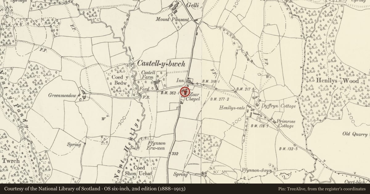 Ordnance Survey six-inch map, 2nd edition (1888–1913) covering the location of Zoar Baptist Chapel, Henllys, Torfaen, with a pin at the register's coordinates