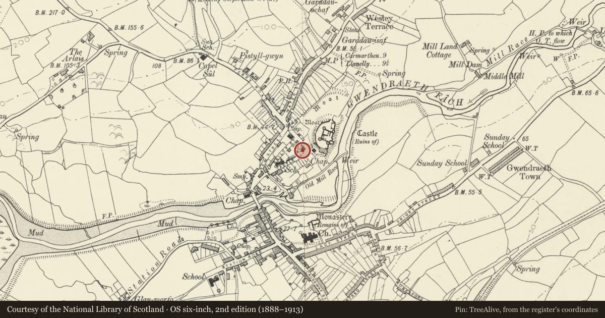 Ordnance Survey six-inch map, 2nd edition (1888–1913) covering the location of The Old Moat House, Kidwelly, Carmarthenshire, with a pin at the register's coordinates