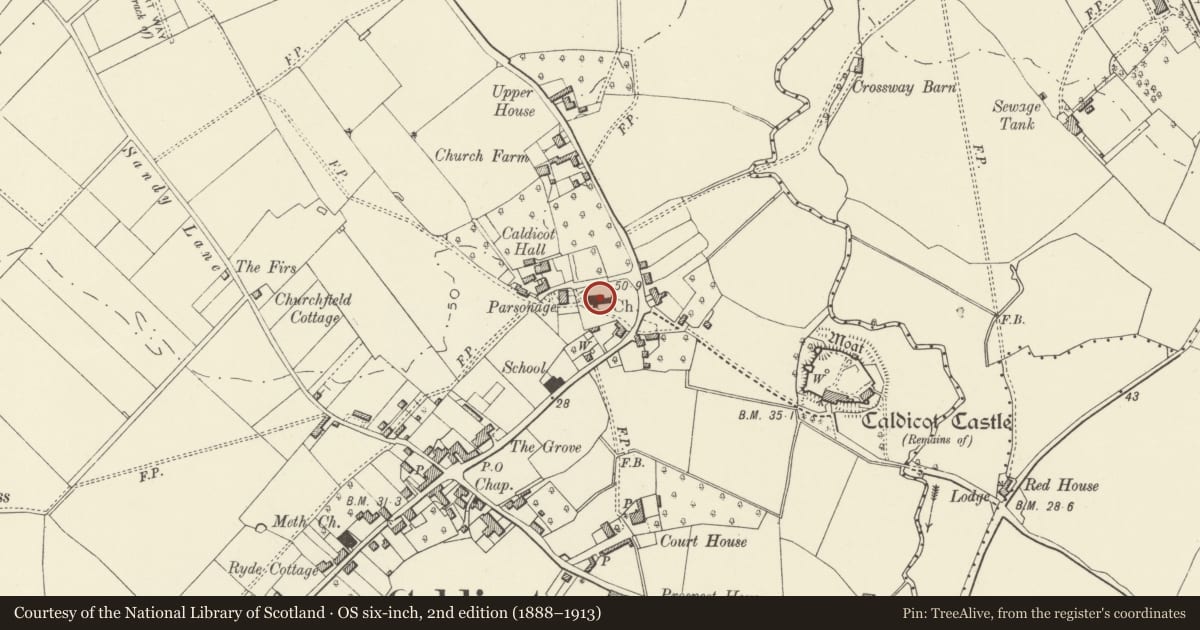 Ordnance Survey six-inch map, 2nd edition (1888–1913) covering the location of Church of St Mary, Caldicot, Monmouthshire, with a pin at the register's coordinates