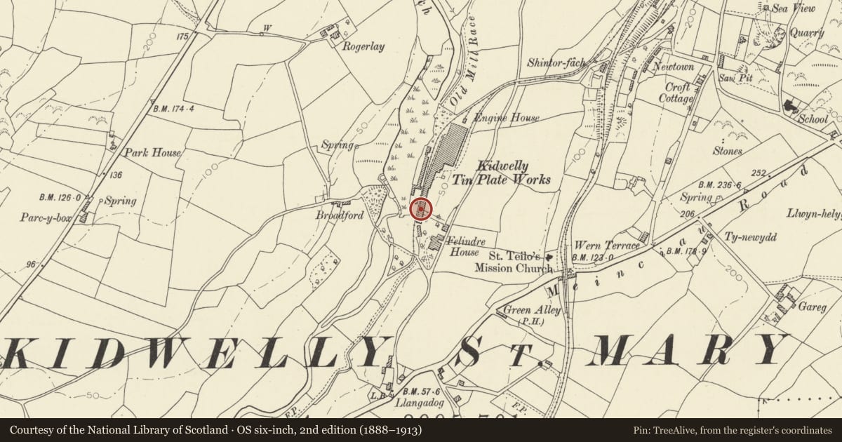 Ordnance Survey six-inch map, 2nd edition (1888–1913) covering the location of Boxing Room at former Kidwelly Tinplate Works, Carmarthenshire, with a pin at the register's coordinates