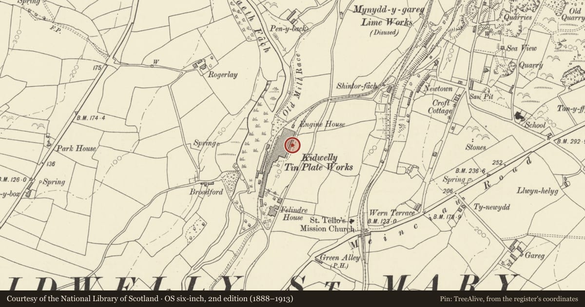 Ordnance Survey six-inch map, 2nd edition (1888–1913) covering the location of Cold-roll Engine-house at former Kidwelly Tinplate Works, Carmarthenshire, with a pin at the register's coordinates