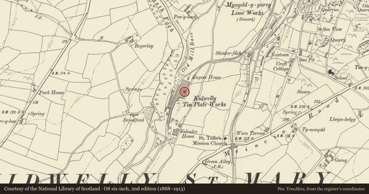 Ordnance Survey six-inch map, 2nd edition (1888–1913) covering the location of Chimney at former Kidwelly Tinplate Works, Carmarthenshire, with a pin at the register's coordinates