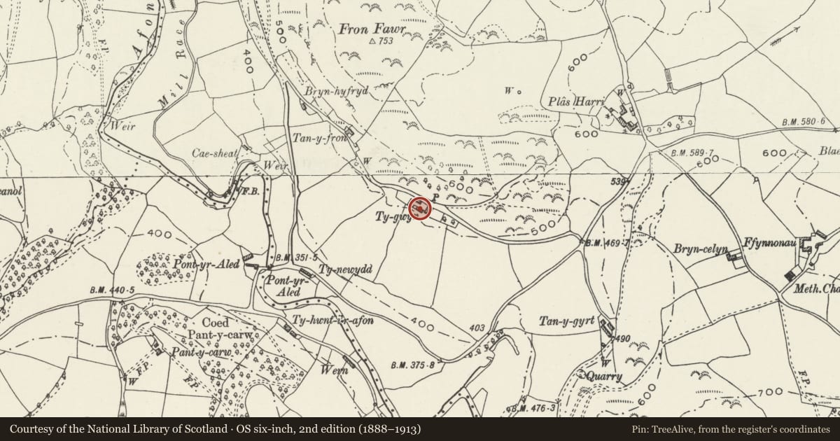 Ordnance Survey six-inch map, 2nd edition (1888–1913) covering the location of Ty Gwyn, Llannefydd, Conwy, with a pin at the register's coordinates