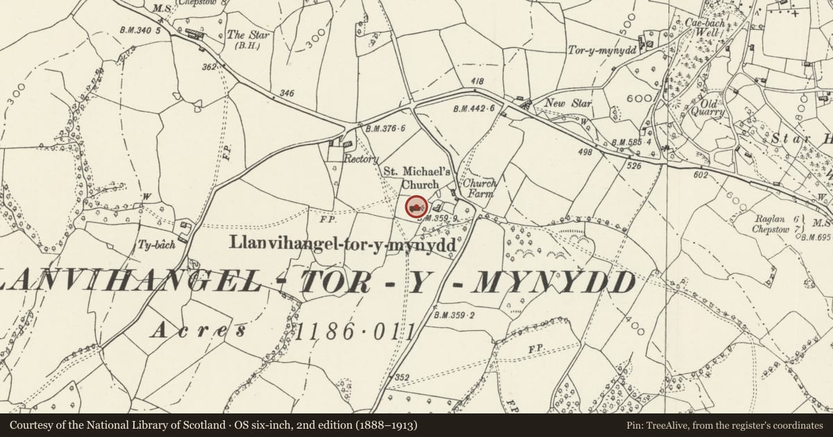 Ordnance Survey six-inch map, 2nd edition (1888–1913) covering the location of Church of St Michael, Devauden, Monmouthshire, with a pin at the register's coordinates