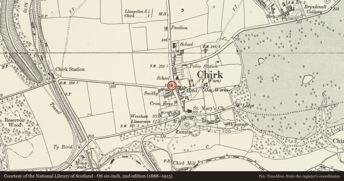 Ordnance Survey six-inch map, 2nd edition (1888–1913) covering the location of War Memorial, Chirk, Wrexham, with a pin at the register's coordinates