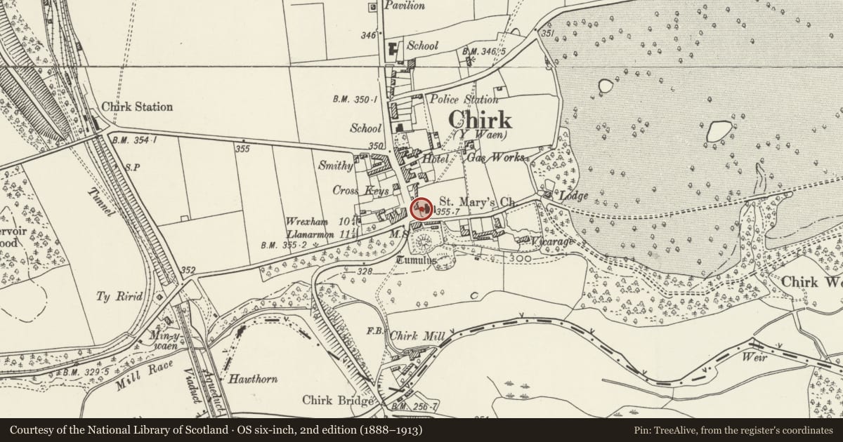 Ordnance Survey six-inch map, 2nd edition (1888–1913) covering the location of Lychgate outside Church of St Mary, Chirk, Wrexham, with a pin at the register's coordinates