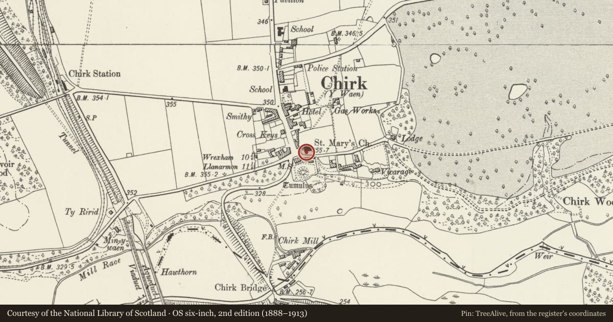 Ordnance Survey six-inch map, 2nd edition (1888–1913) covering the location of Sundial in churchyard of the Church of St Mary, Chirk, Wrexham, with a pin at the register's coordinates