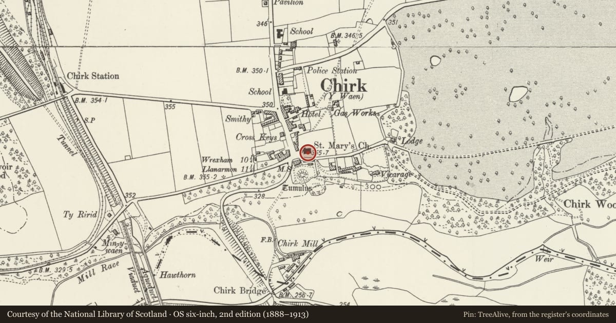 Ordnance Survey six-inch map, 2nd edition (1888–1913) covering the location of Ward Monument in churchyard of the Church of St Mary, Chirk, Wrexham, with a pin at the register's coordinates