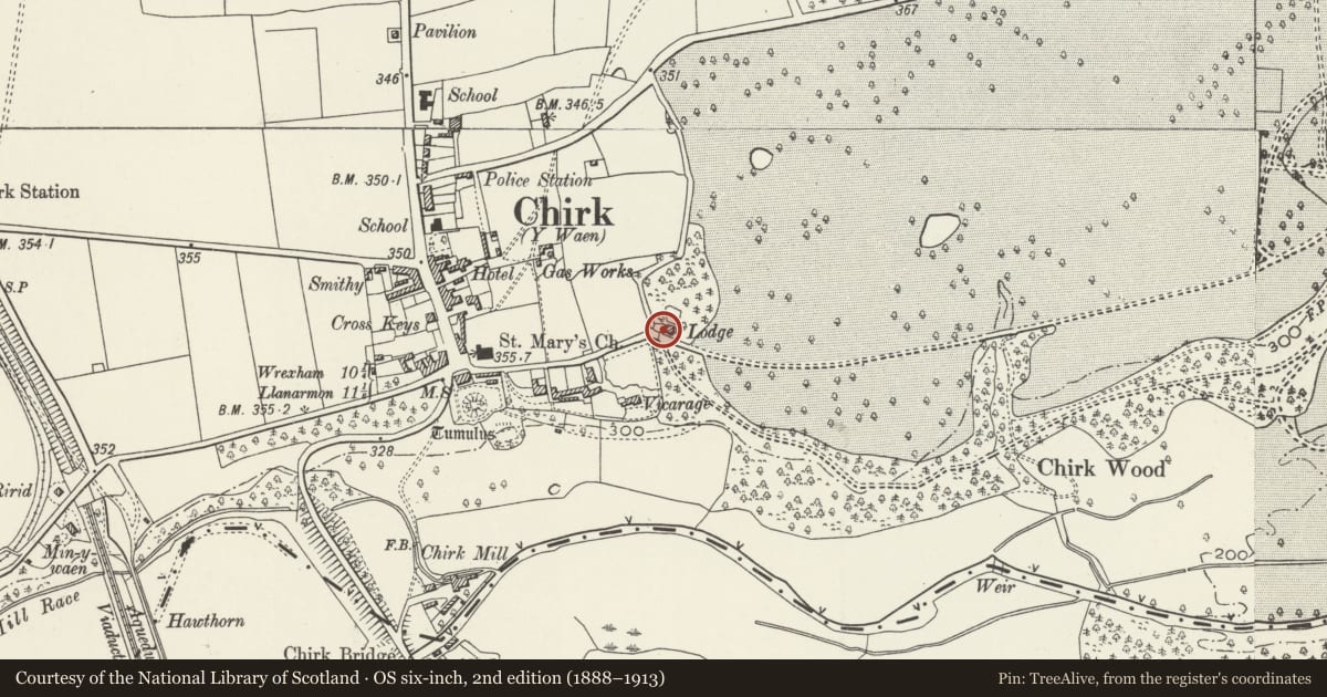 Ordnance Survey six-inch map, 2nd edition (1888–1913) covering the location of Gates, Piers and Railings to the W Gate of Brynkinallt Park, Chirk, Wrexham, with a pin at the register's coordinates