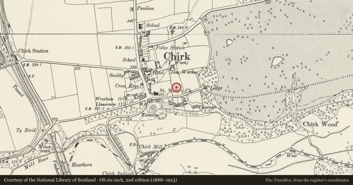Ordnance Survey six-inch map, 2nd edition (1888–1913) covering the location of Trevor Mausoleum in churchyard of the Church of St Mary, Chirk, Wrexham, with a pin at the register's coordinates