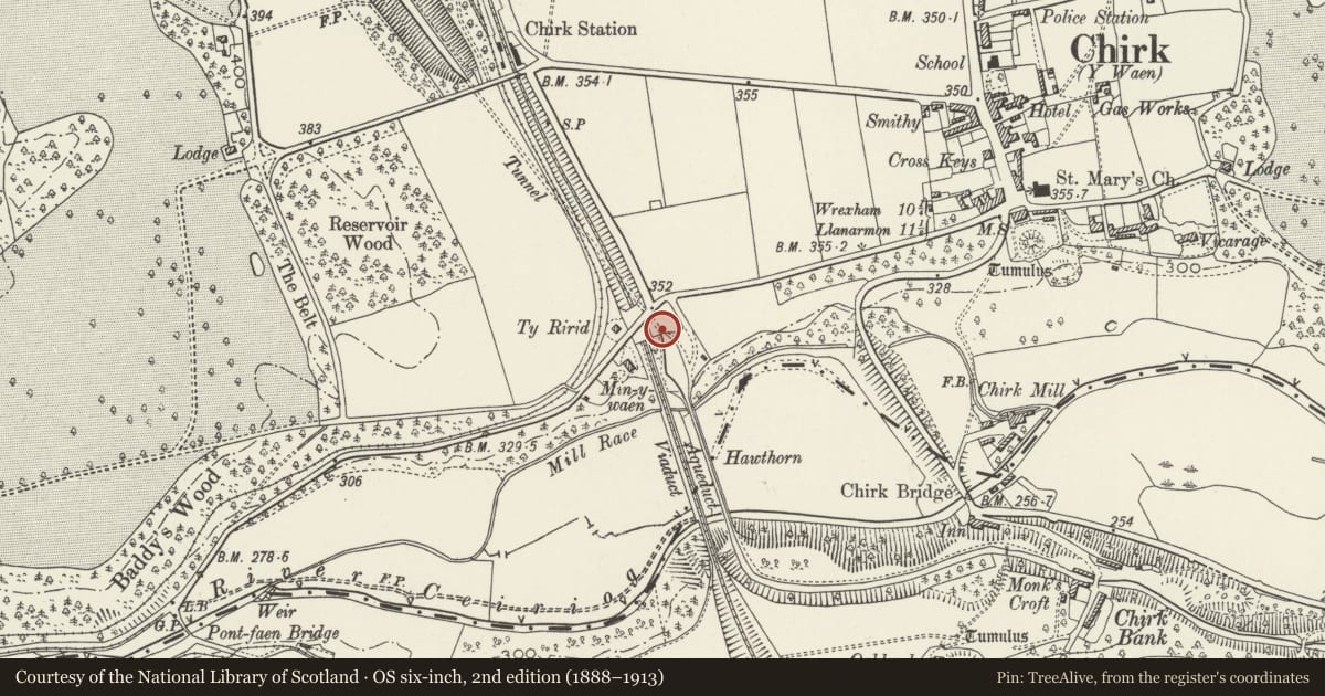 Ordnance Survey six-inch map, 2nd edition (1888–1913) covering the location of Chirk Tunnel, including the N and S Portals, and Chirk Basin, Wrexham, with a pin at the register's coordinates
