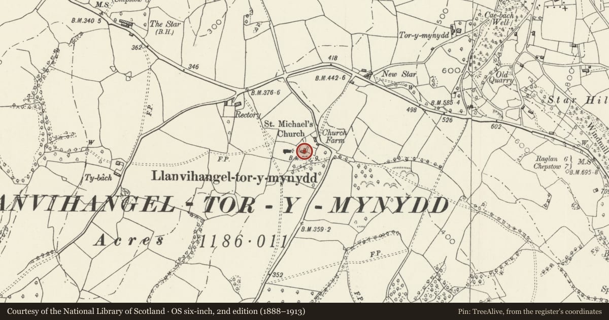 Ordnance Survey six-inch map, 2nd edition (1888–1913) covering the location of Church Farmhouse, Devauden, Monmouthshire, with a pin at the register's coordinates
