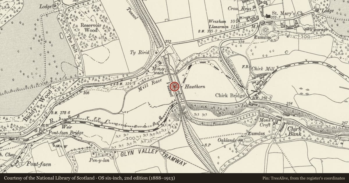 Ordnance Survey six-inch map, 2nd edition (1888–1913) covering the location of Railway Viaduct over River Ceiriog, Chirk, Wrexham, with a pin at the register's coordinates