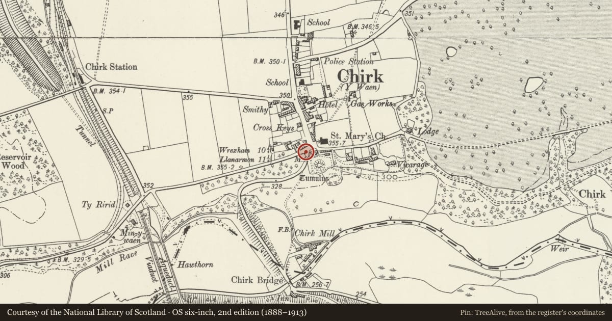 Ordnance Survey six-inch map, 2nd edition (1888–1913) covering the location of Milestone, Chirk, Wrexham, with a pin at the register's coordinates