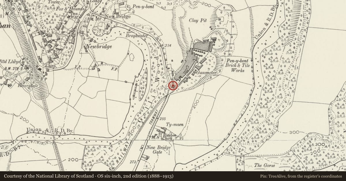 Ordnance Survey six-inch map, 2nd edition (1888–1913) covering the location of Pen-y-bont Brick and Tile Co Office, Chirk, Wrexham, with a pin at the register's coordinates