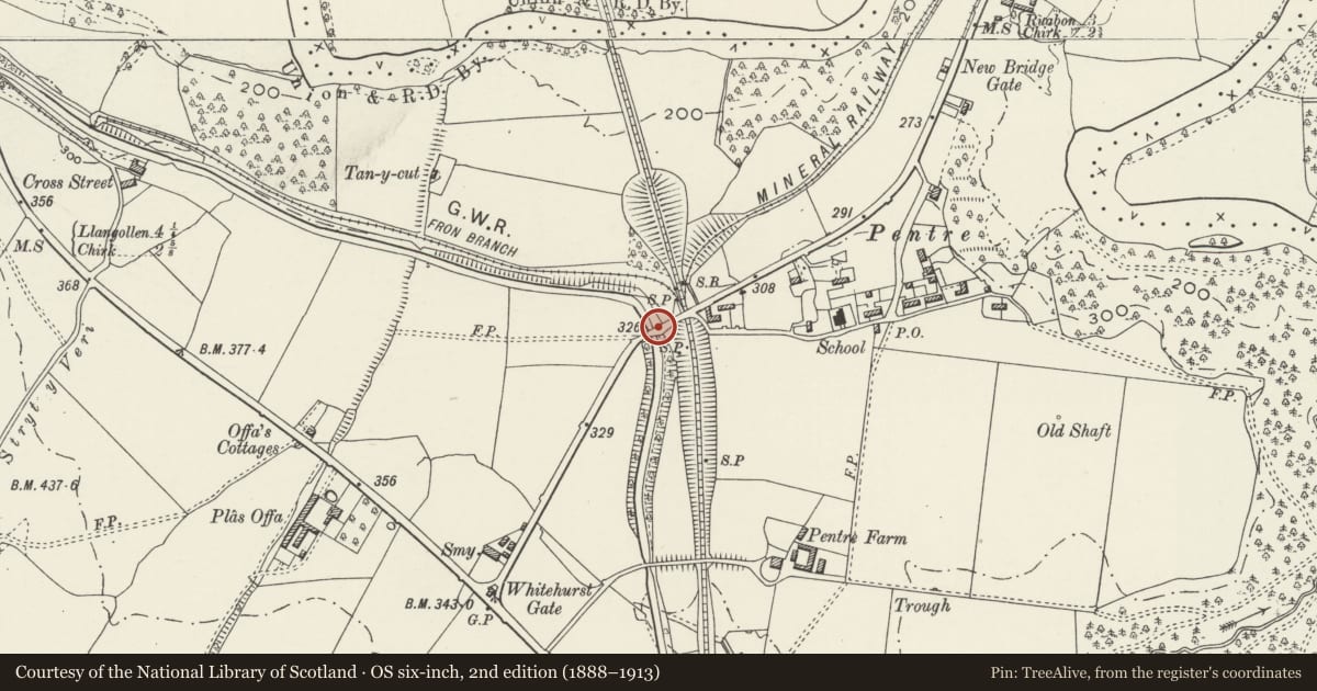Ordnance Survey six-inch map, 2nd edition (1888–1913) covering the location of Irishman's Bridge on the Llangollen Canal, Chirk, Wrexham, with a pin at the register's coordinates