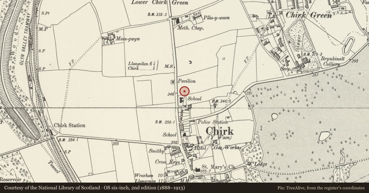 Ordnance Survey six-inch map, 2nd edition (1888–1913) covering the location of Chirk Town Council Offices, Wrexham, with a pin at the register's coordinates
