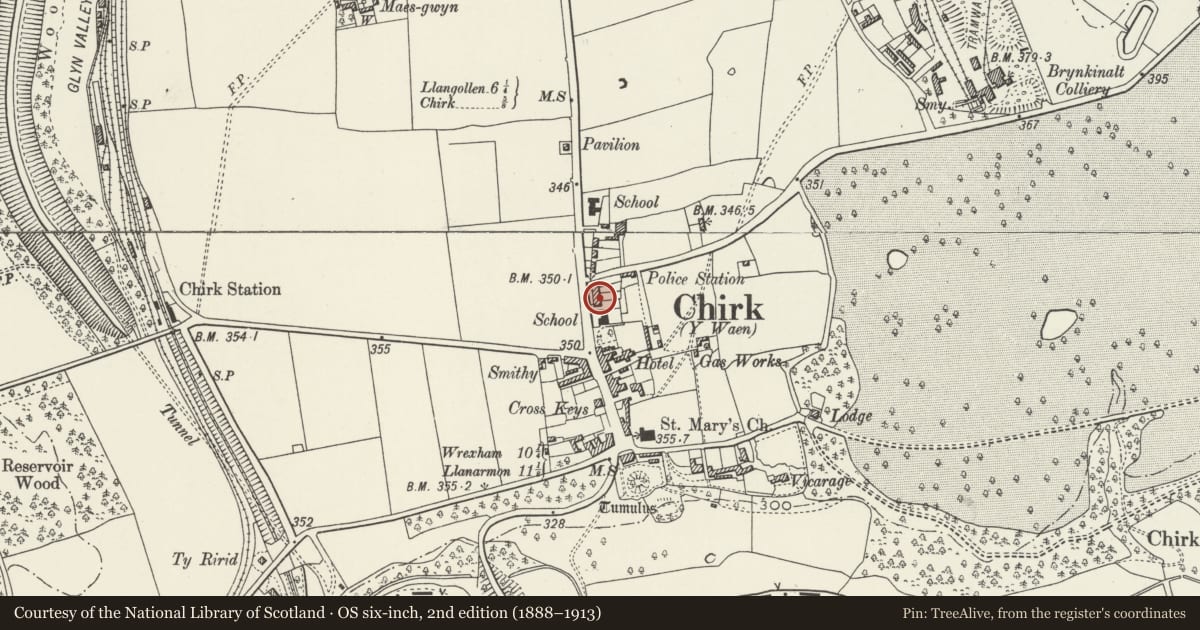 Ordnance Survey six-inch map, 2nd edition (1888–1913) covering the location of 2 Hand Terrace, Chirk, Wrexham, with a pin at the register's coordinates