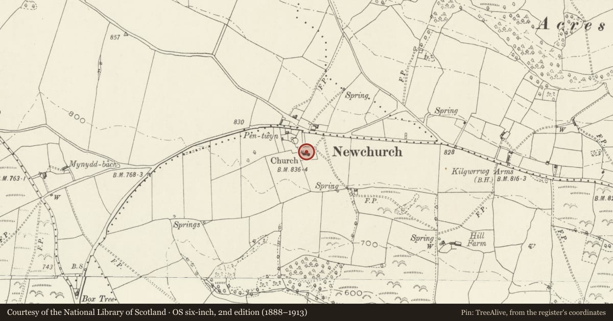 Ordnance Survey six-inch map, 2nd edition (1888–1913) covering the location of Church of St Peter, Devauden, Monmouthshire, with a pin at the register's coordinates