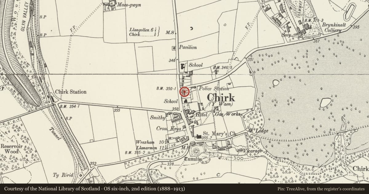 Ordnance Survey six-inch map, 2nd edition (1888–1913) covering the location of 5 Hand Terrace, Chirk, Wrexham, with a pin at the register's coordinates