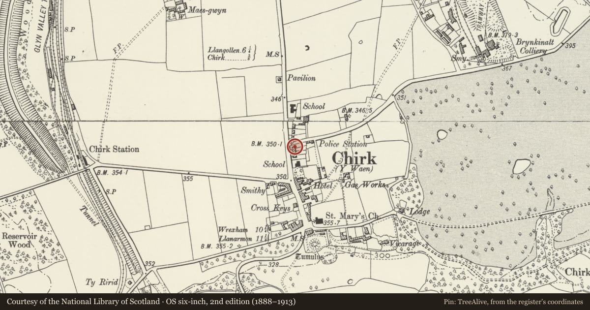 Ordnance Survey six-inch map, 2nd edition (1888–1913) covering the location of 7 Hand Terrace, Chirk, Wrexham, with a pin at the register's coordinates