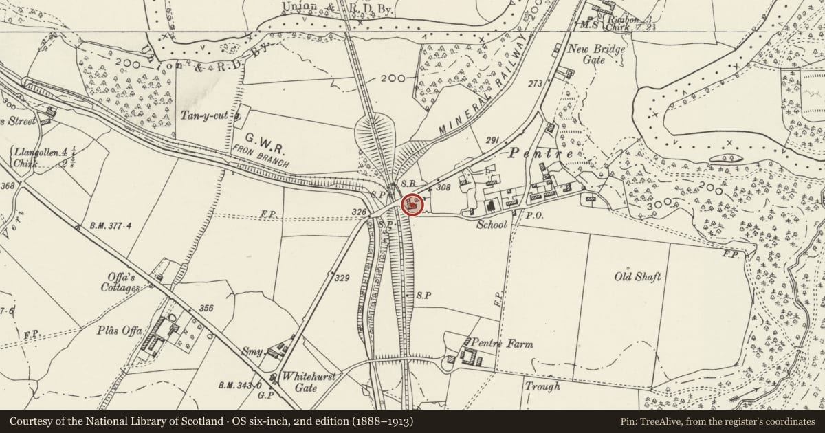 Ordnance Survey six-inch map, 2nd edition (1888–1913) covering the location of Pen-y-clawdd Farmhouse, Chirk, Wrexham, with a pin at the register's coordinates