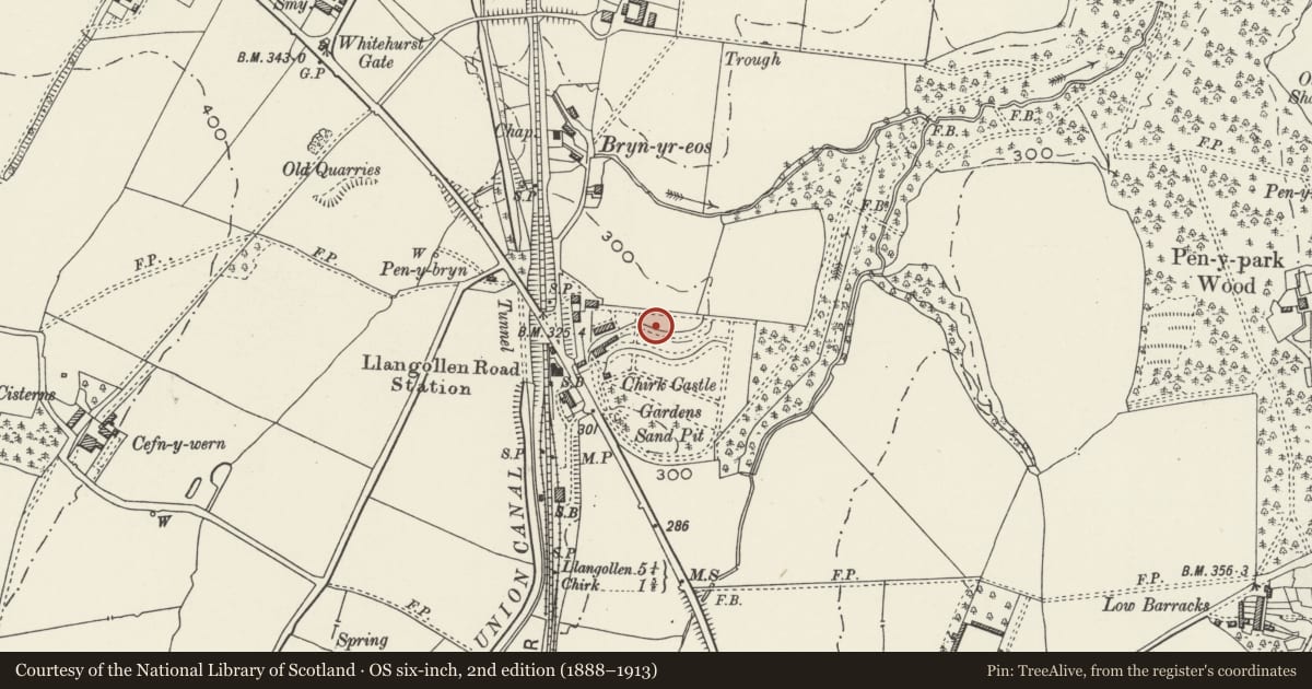 Ordnance Survey six-inch map, 2nd edition (1888–1913) covering the location of Upper Terrace Wall at Whitehurst Gardens, Chirk, Wrexham, with a pin at the register's coordinates