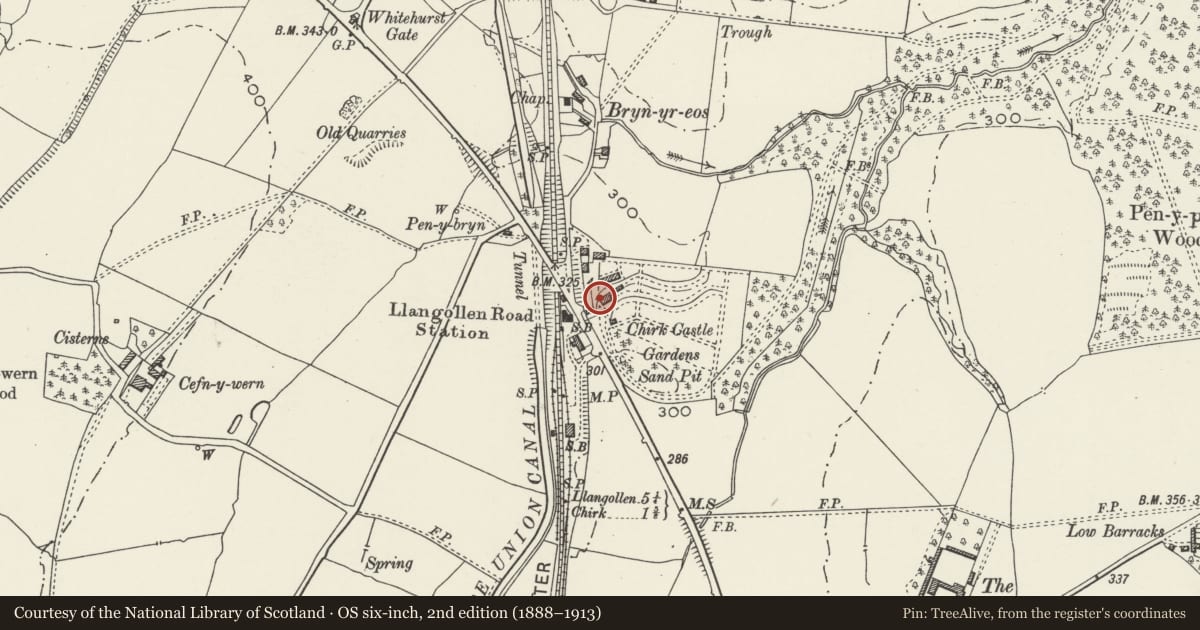 Ordnance Survey six-inch map, 2nd edition (1888–1913) covering the location of Second Terrace Wall at Whitehurst Gardens, Chirk, Wrexham, with a pin at the register's coordinates