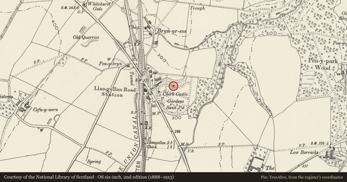 Ordnance Survey six-inch map, 2nd edition (1888–1913) covering the location of Lowest Terrace Wall at Whitehurst Gardens, Chirk, Wrexham, with a pin at the register's coordinates