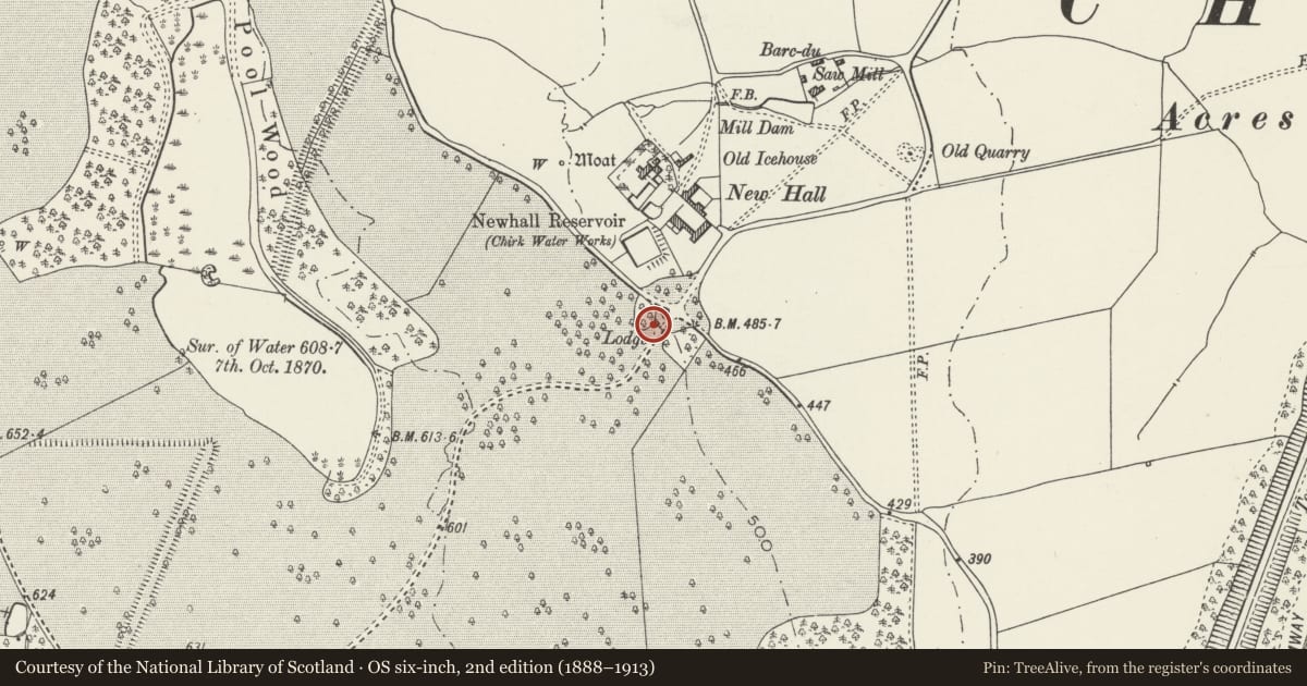 Ordnance Survey six-inch map, 2nd edition (1888–1913) covering the location of New Hall Gate to Chirk Park: the N Lodge, Wrexham, with a pin at the register's coordinates