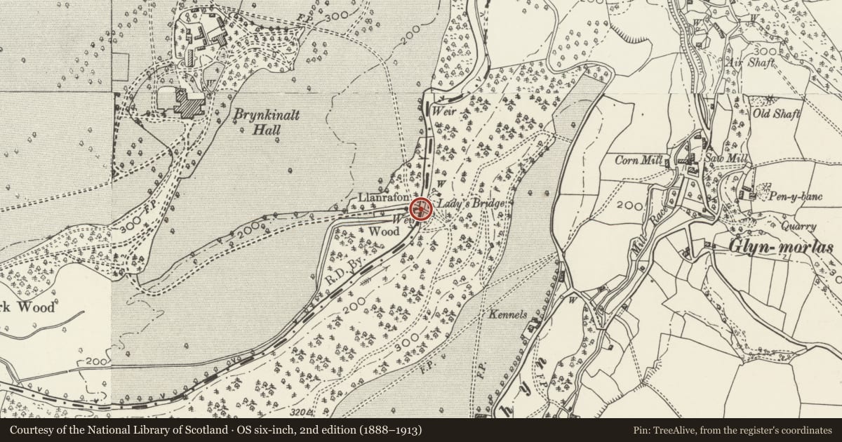 Ordnance Survey six-inch map, 2nd edition (1888–1913) covering the location of Lady's Bridge, Brynkinallt Park (continued into England), Chirk, Wrexham, with a pin at the register's coordinates