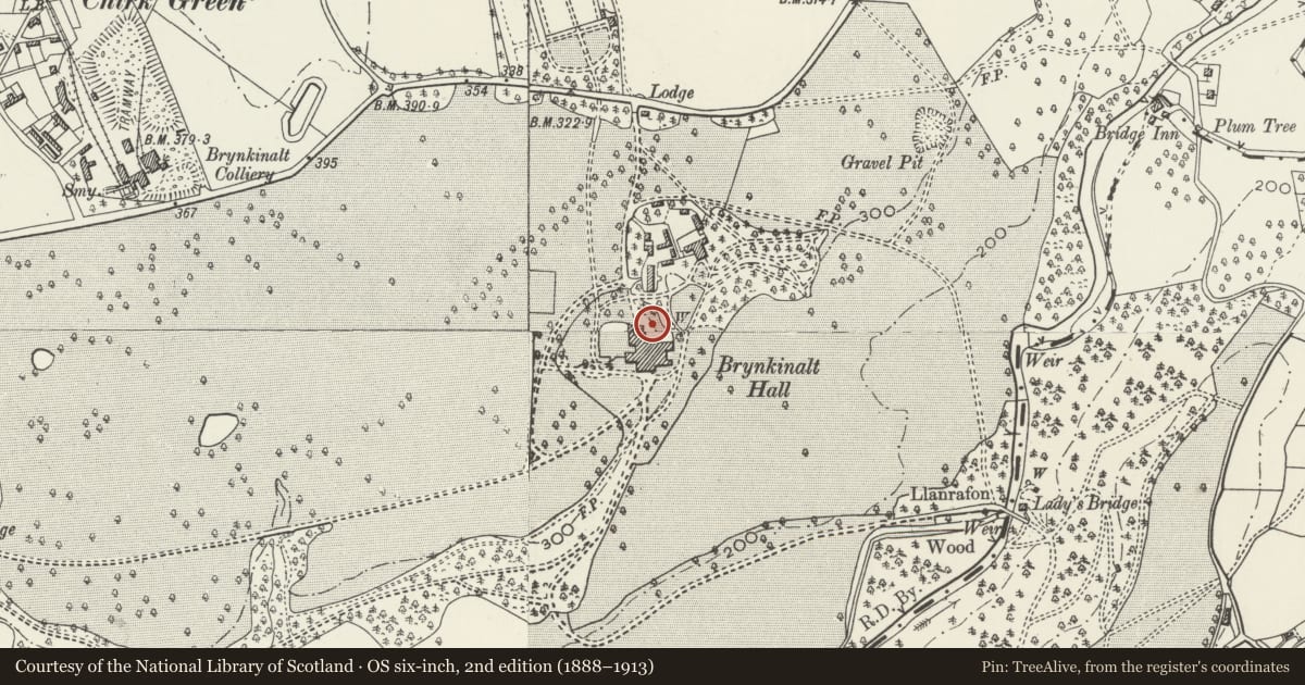 Ordnance Survey six-inch map, 2nd edition (1888–1913) covering the location of Screen Wall to the service yard at Brynkinallt Hall, Chirk, Wrexham, with a pin at the register's coordinates